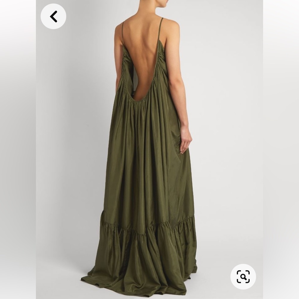Kalita “Brigitte” Backless Silk Maxi Dress in Olive Green, Size S/M